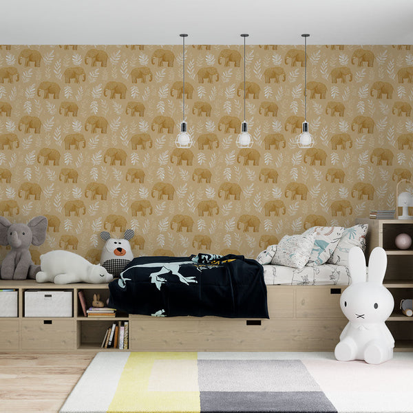 Elephant Wallpaper | Beige and White Leaf Wall Mural