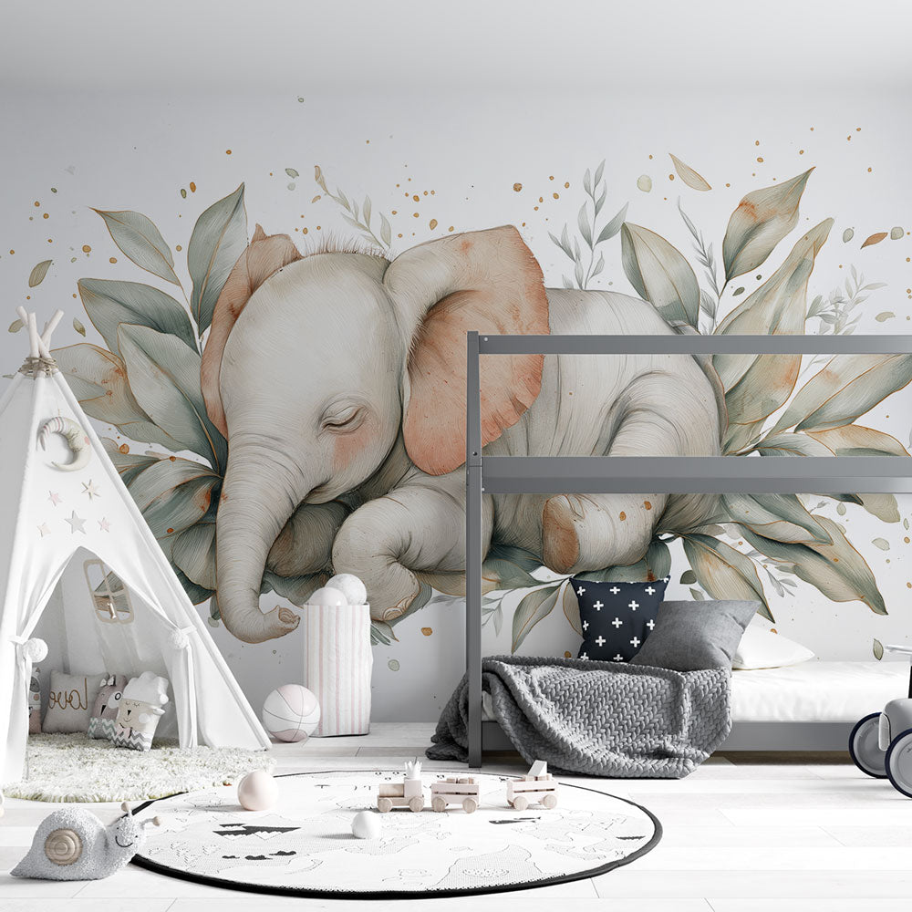 Sleeping Elephant Wallpaper | Watercolor Elephant on Leaves