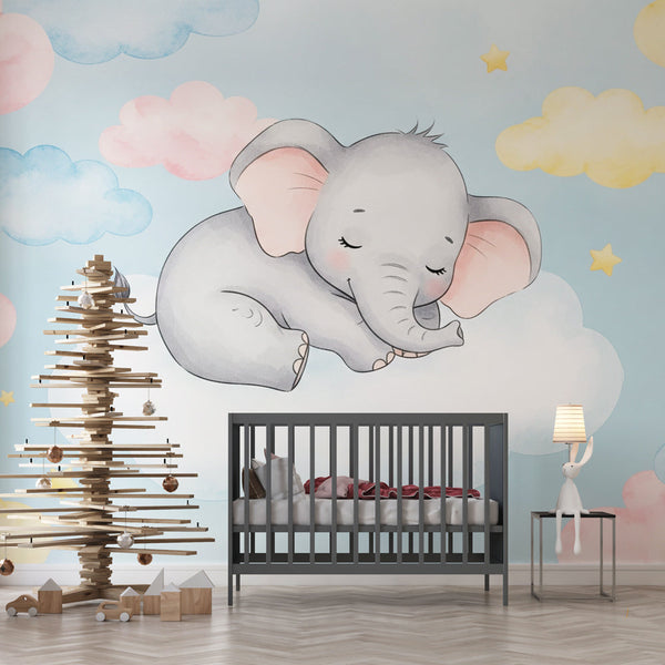 Sleeping Elephant Wallpaper | Clouds and Stars Wall Mural