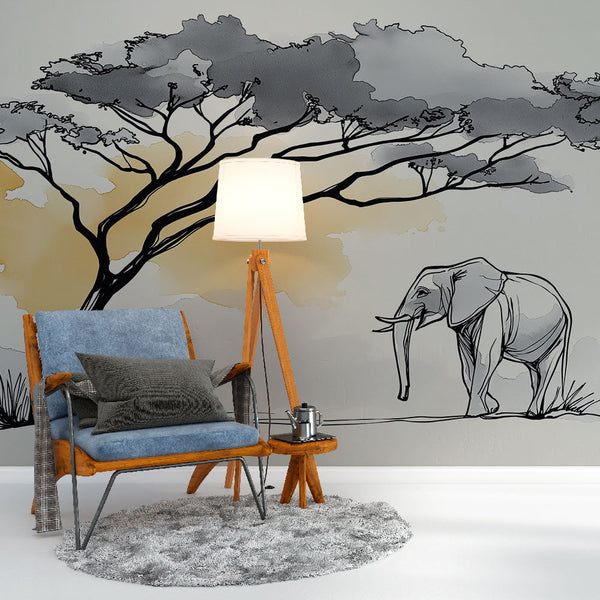 Elephant and Tree Wallpaper | Elephant Beneath a Stylized Tree