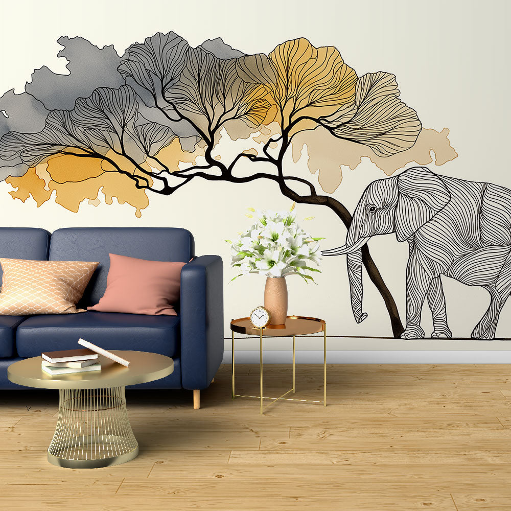 Elephant Wallpaper | Elegant Line Art Elephant Under a Tree