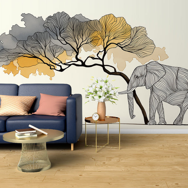 Elephant Wallpaper | Elegant Line Art Elephant Under a Tree