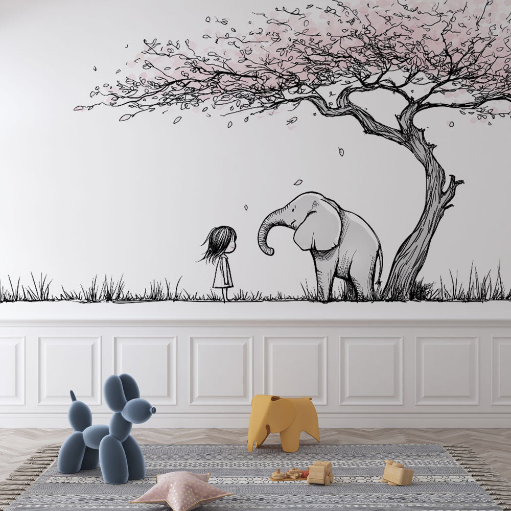Elephant Wallpaper | Child and Elephant Under a Blossom Tree