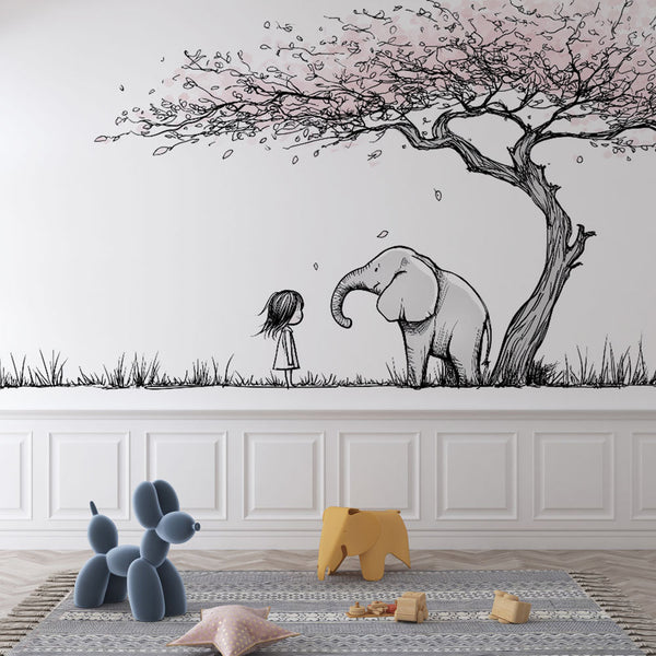 Elephant Wallpaper | Child and Elephant Under a Blossom Tree