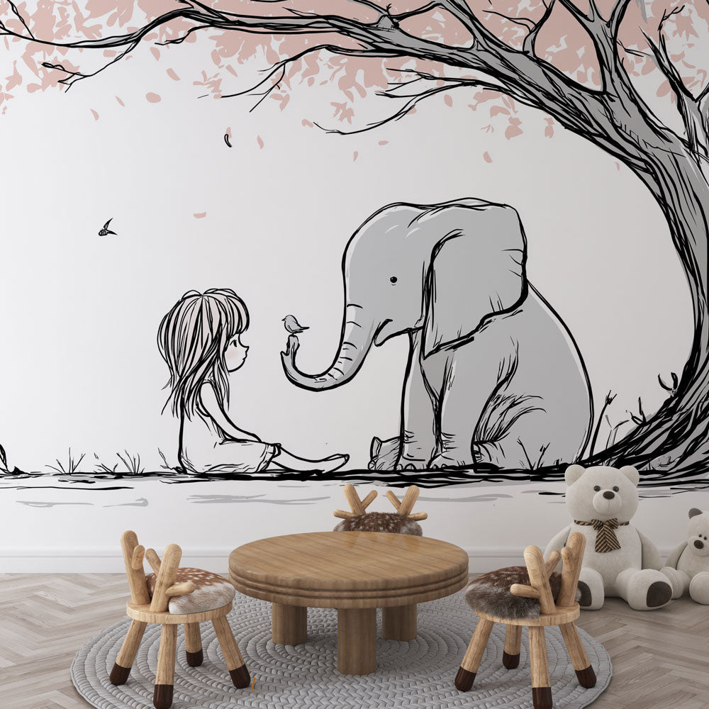 Elephant Wallpaper | Child and Elephant Resting Under a Tree