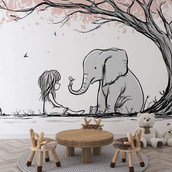 Elephant Wallpaper | Child and Elephant Resting Under a Tree