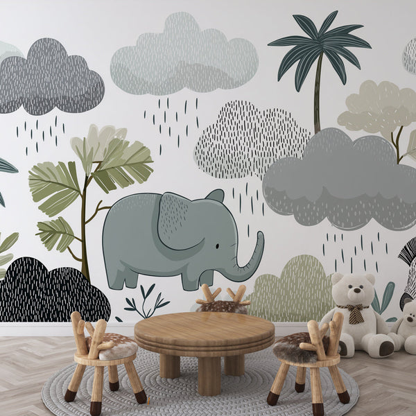 Elephant and Clouds Wallpaper | Cute Elephant Under Stylized Clouds