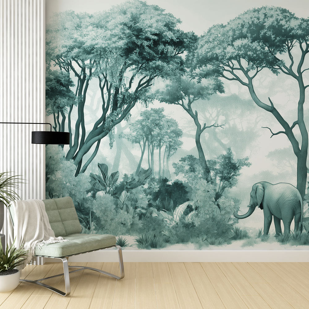 Elephant Wallpaper | Forest All in Aqua Green