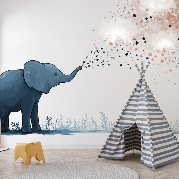 Elephant Wallpaper | Blue Elephant Spraying Colorful Stars