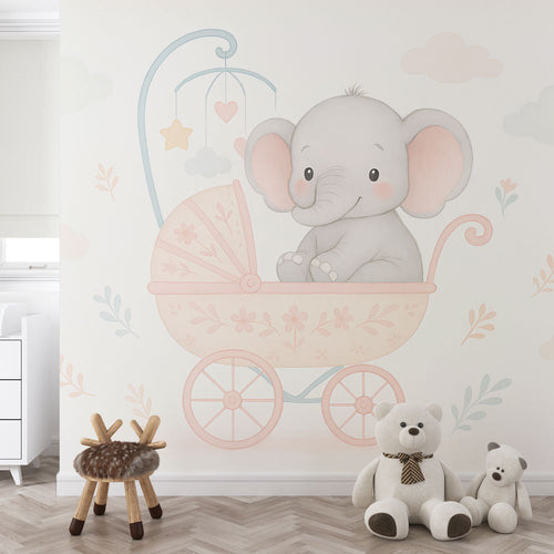 Cute elephant in a floral stroller surrounded by pastel clouds and leaves