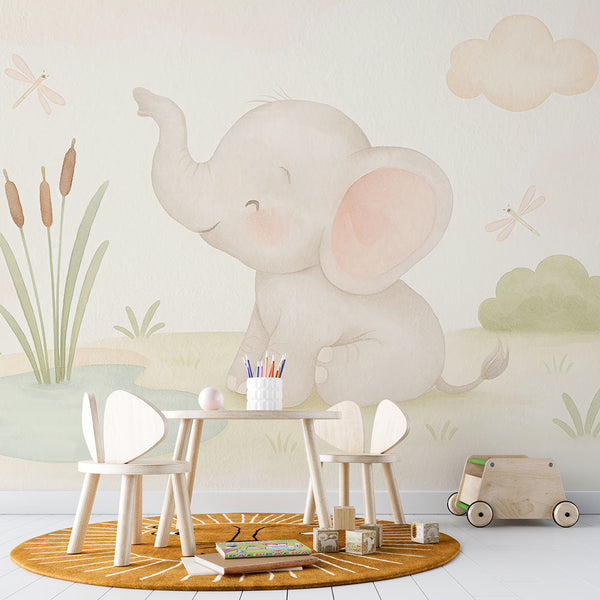 Elephant Wallpaper | Cute Elephant by a Calm Pond Design
