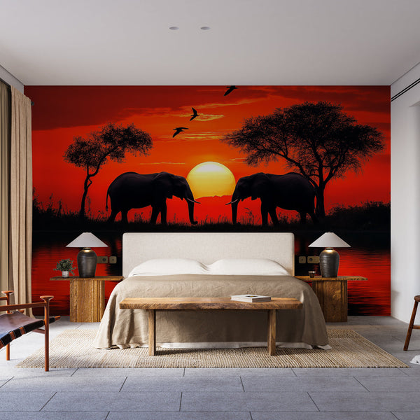 Elephants Sunset Wallpaper | Soothing Natural Scene