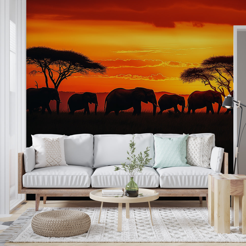 Elephants Sunset Wallpaper | Majestic Silhouettes in Harmony