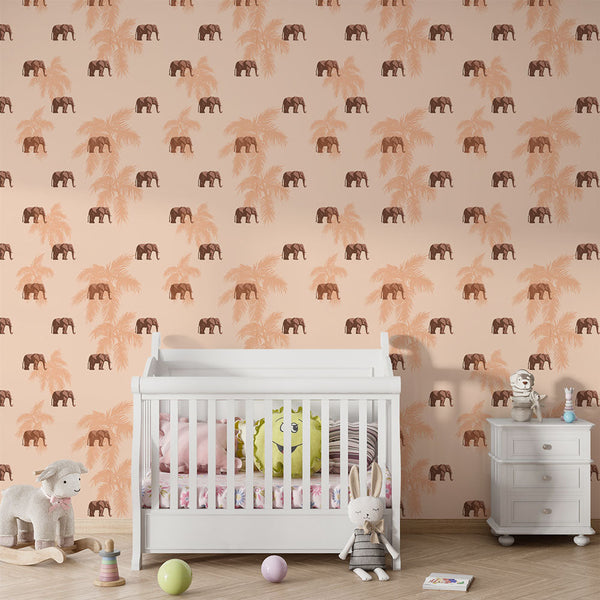 Elephant Wallpaper | Elephants and Soft Palms on Pink Ground