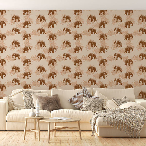 Elephant Wallpaper | Elephants and Exotic Leaves in Pastels
