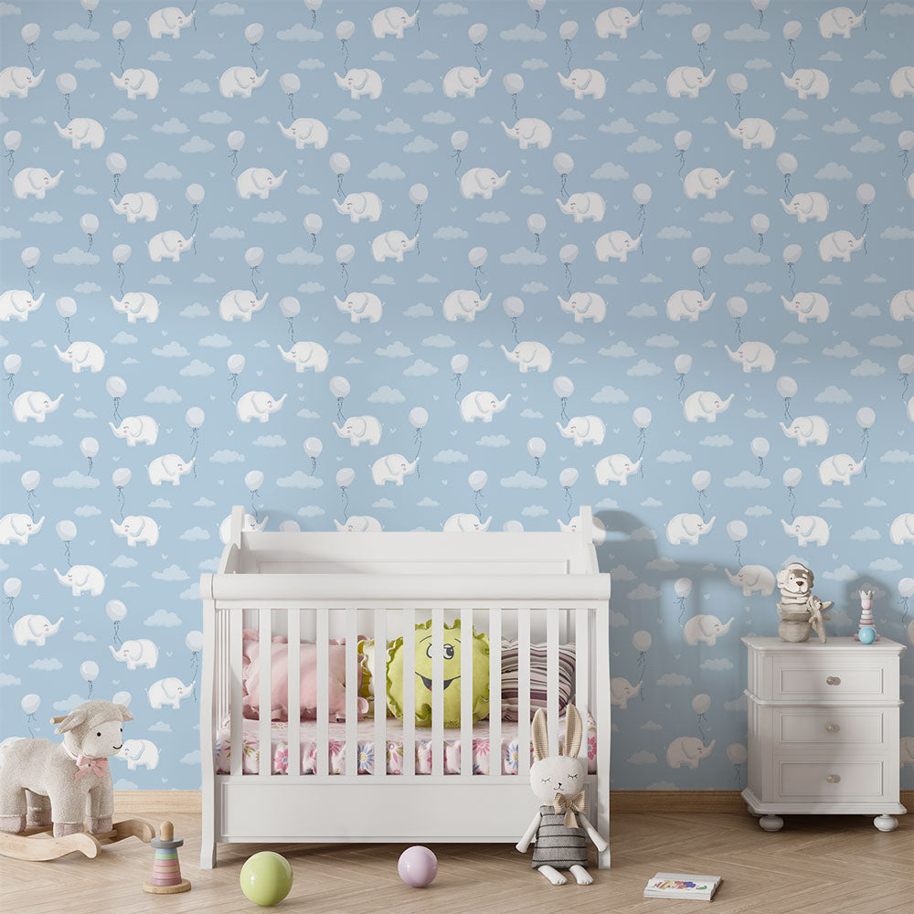 Elephant and Balloon Wallpaper | Floating Elephants on Blue