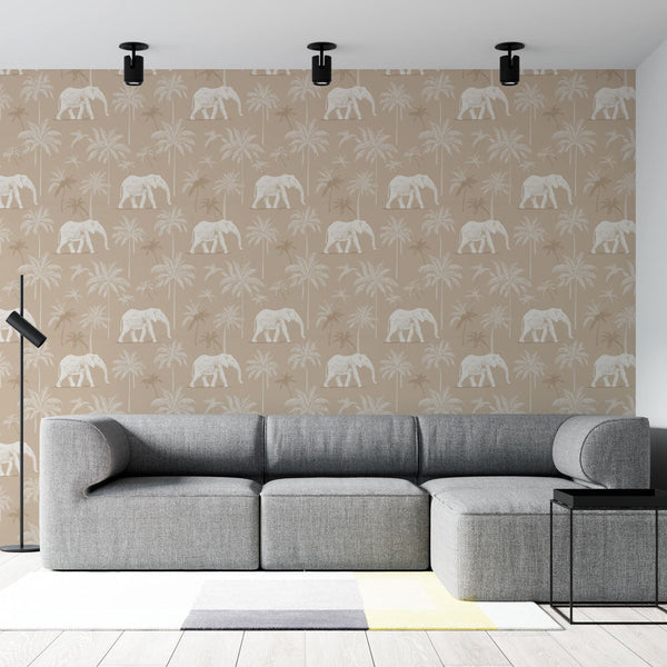 Elephant and Palm Wallpaper | White Elephants on Beige Ground