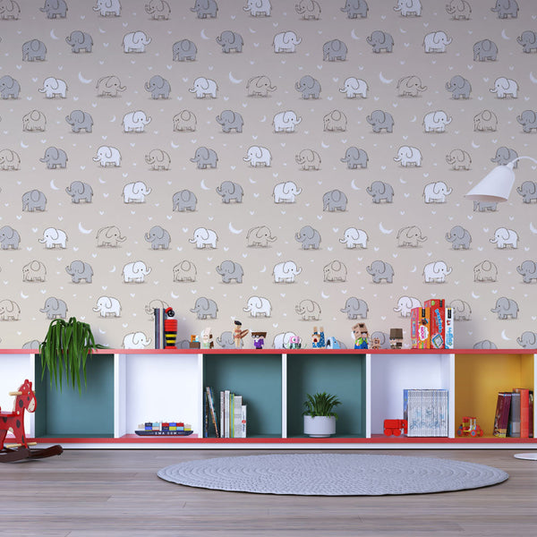 Elephant Wallpaper | Playful Gray Elephants on Beige
