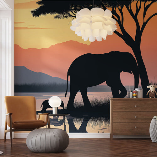 African landscape wallpaper showing elephants at sunset with pink purple sky reflections