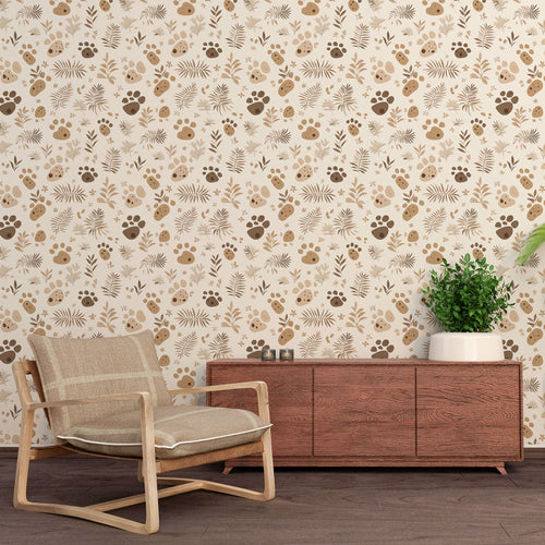 Beige and brown animal footprints with leaves on earthy wallpaper