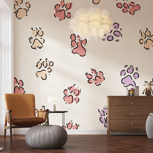 Animal paw print wallpaper in pink, violet, and beige on a light background