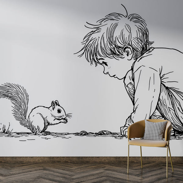 Child and Squirrel Wallpaper | Black and White Illustration