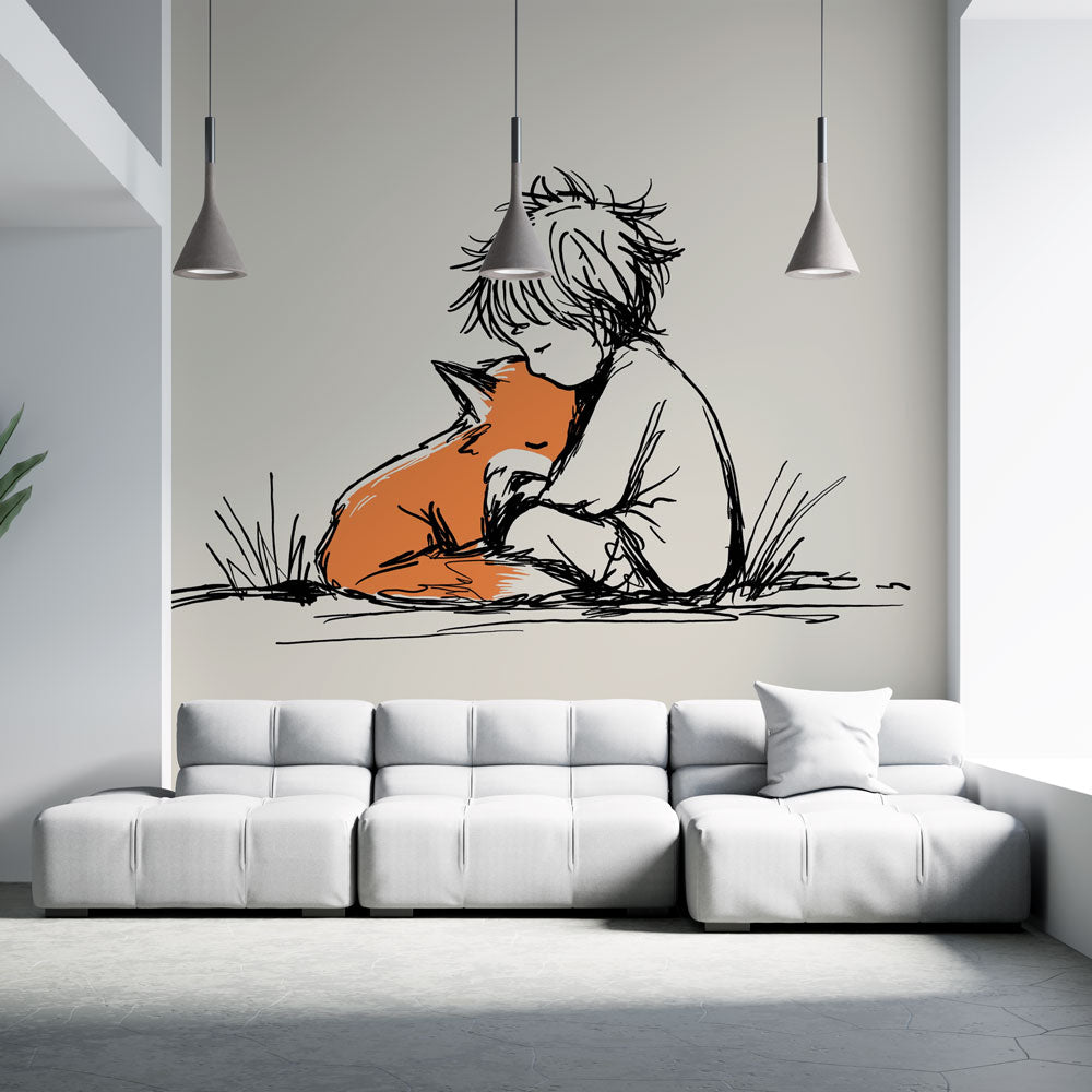 Child and Fox Wallpaper | Tender Illustration in Warm Orange
