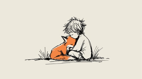 Child and Fox Wallpaper | Tender Illustration in Warm Orange