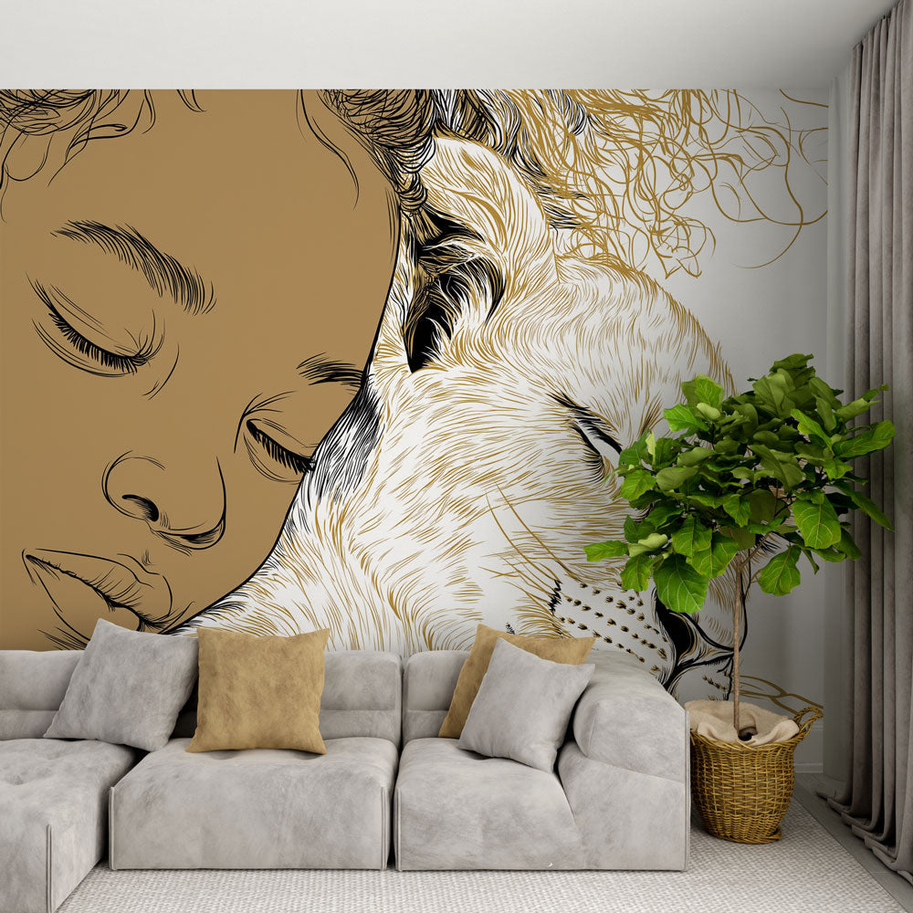 Lion Cub Wallpaper | Sleeping Child Beside a Golden Lion Cub