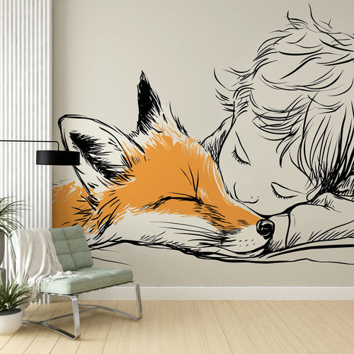 Sleeping child resting against an orange fox children's wallpaper