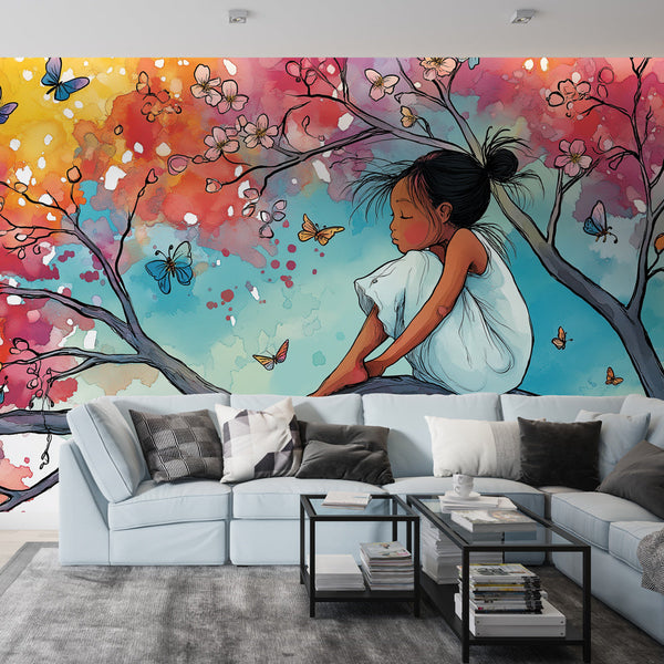 Kids Wallpaper | Dreaming Girl Among Flowers and Butterflies