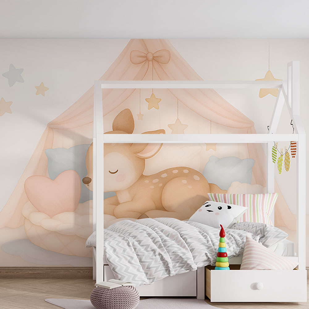 Kids Wallpaper | Sleeping Fawn in a Soft Pastel Nest
