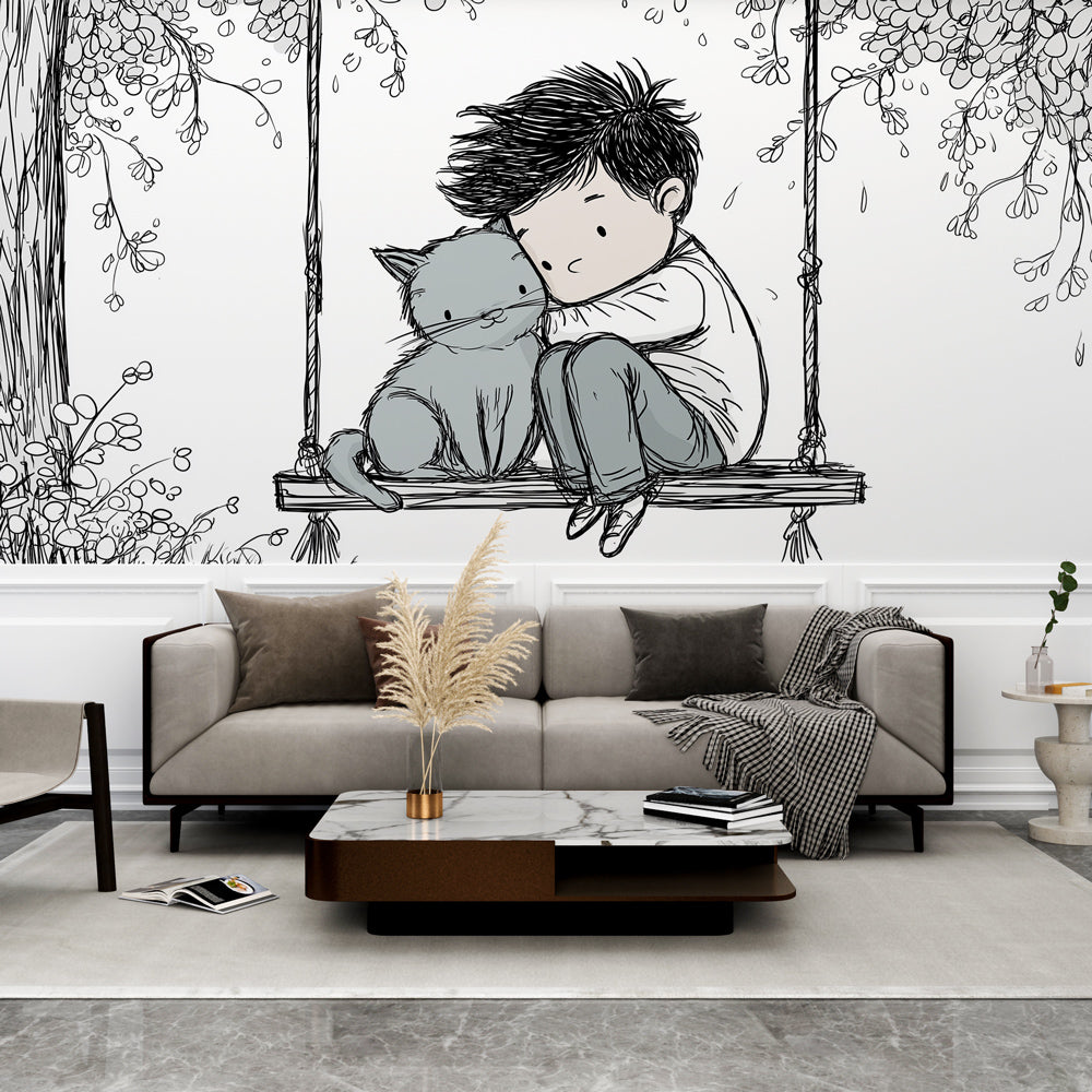 Kids Wallpaper | Boy and His Cat on a Swing Beneath a Tree