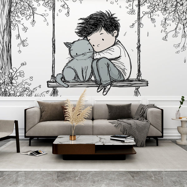 Kids Wallpaper | Boy and His Cat on a Swing Beneath a Tree