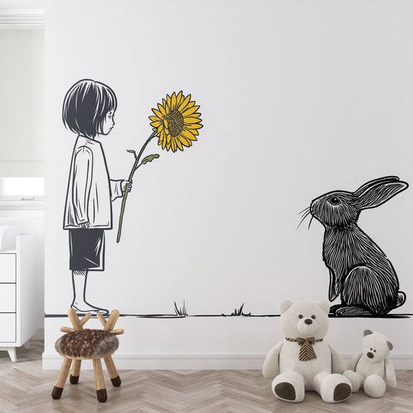 Kids Wallpaper | Girl Holding a Sunflower Facing a Rabbit