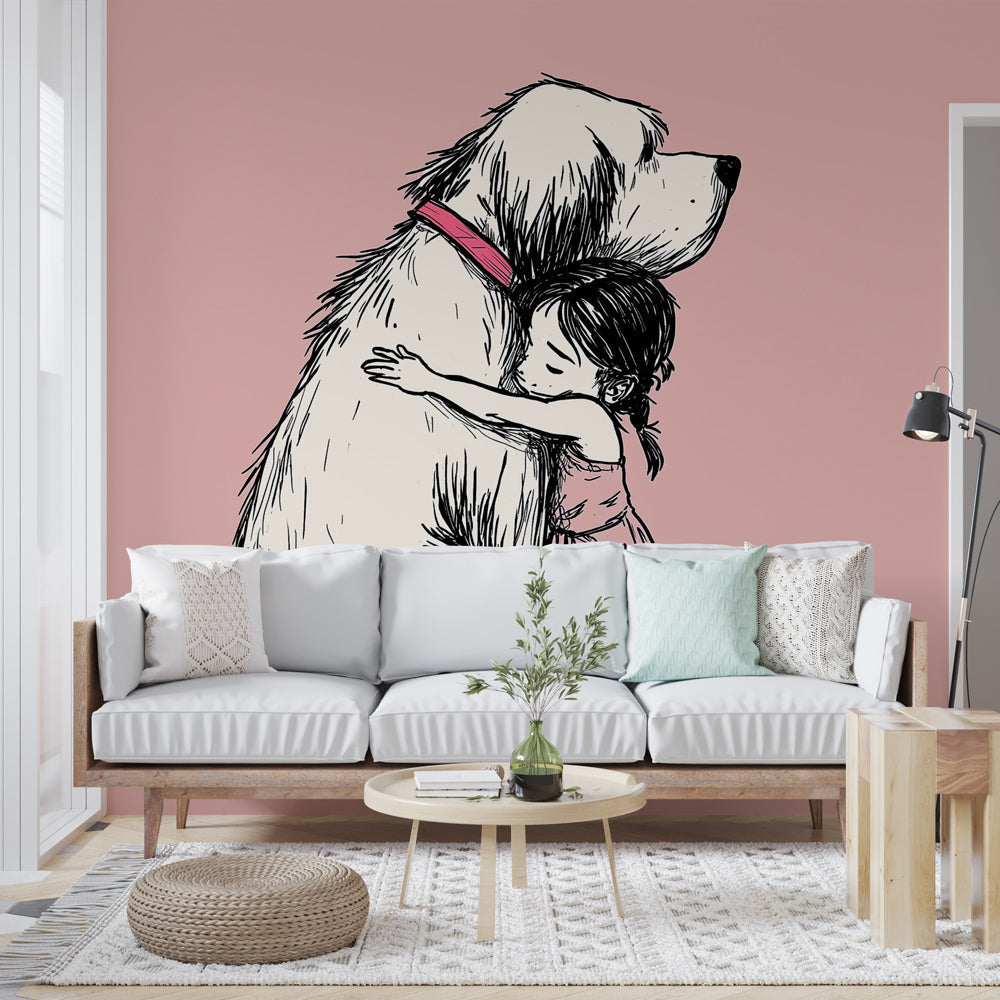 Kids Wallpaper | Child Embracing a Dog on Soft Pink