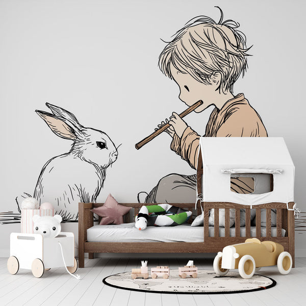 Children's Wallpaper | Boy Playing a Flute Beside a Rabbit