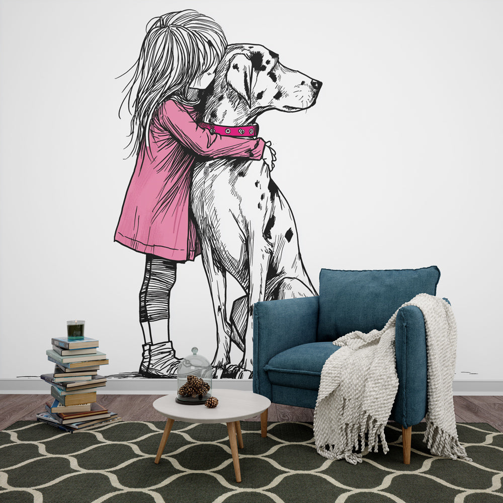 Kids Wallpaper | Girl in Pink Hugging Her Spotted Dog