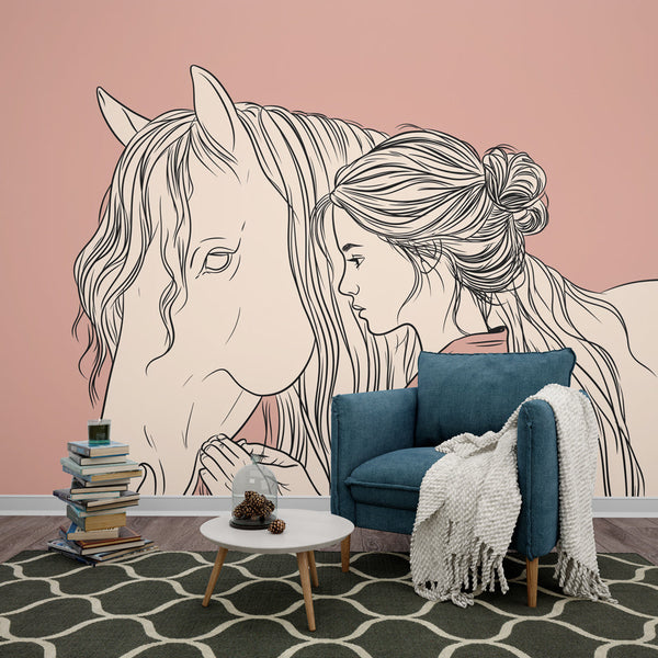 Equestrian Wallpaper | Woman and Horse on Pastel Pink