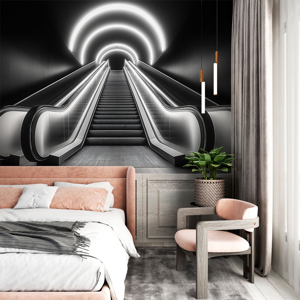 Modern Staircase Wallpaper | Illuminated Black White Wall Mural