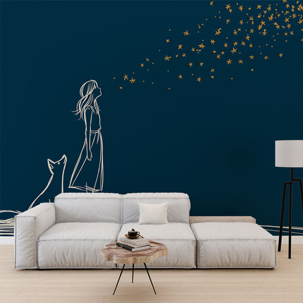 Starry Night Wallpaper | Girl and Fox Silhouette Wall Mural