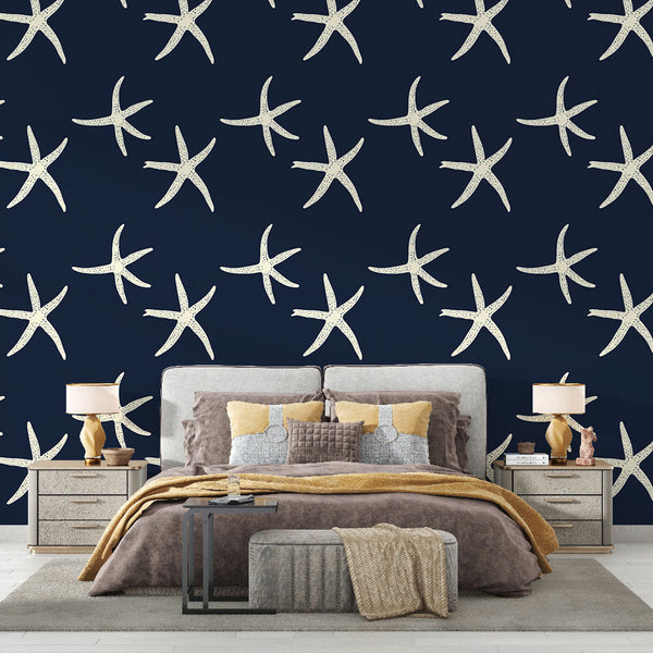 Starfish Wallpaper | White Sea Stars on a Navy Ground