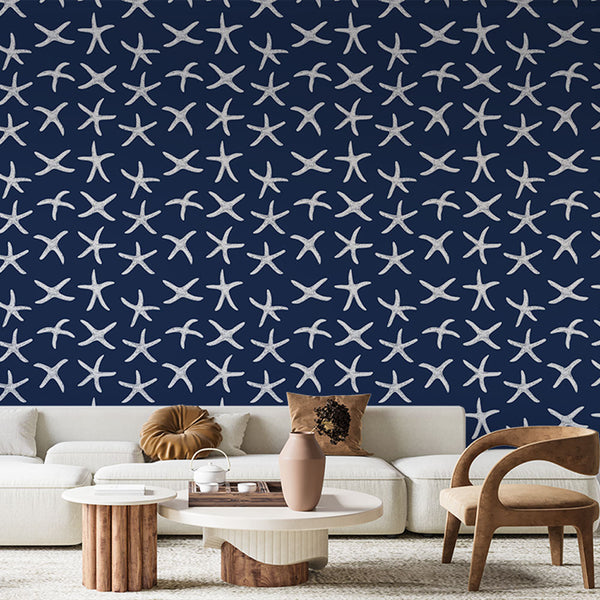 Starfish Wallpaper | Dynamic Coastal Print on Navy Blue