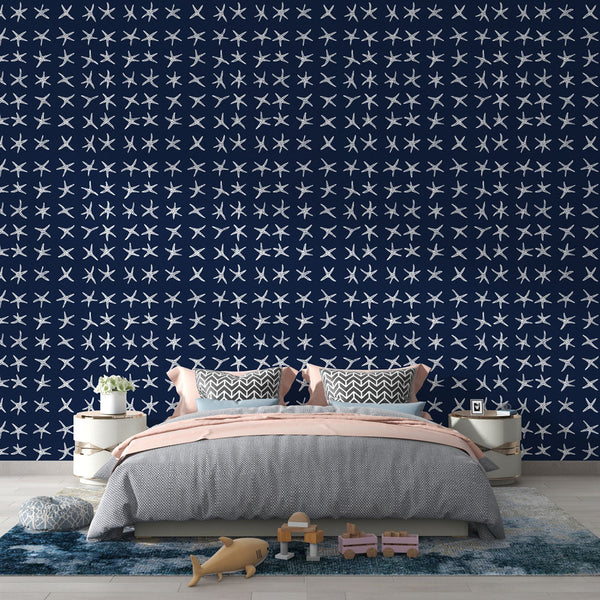 Starfish Wallpaper | White Starfish on a Navy Blue Ground