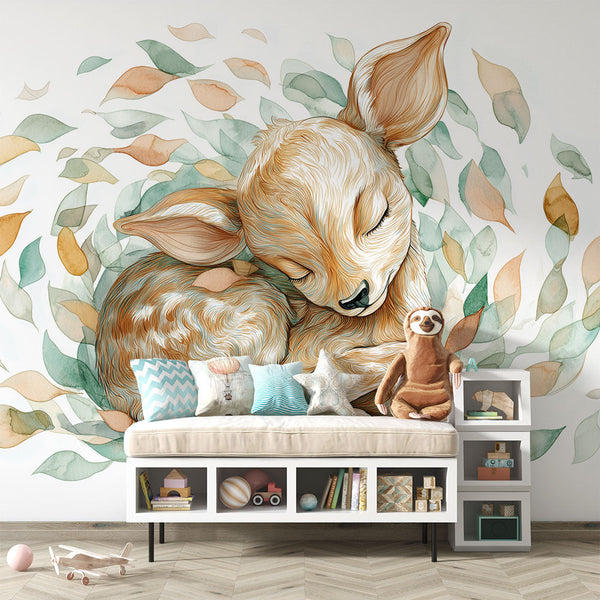 Sleeping Fawn Wallpaper | Baby Deer Among Pastel Leaves