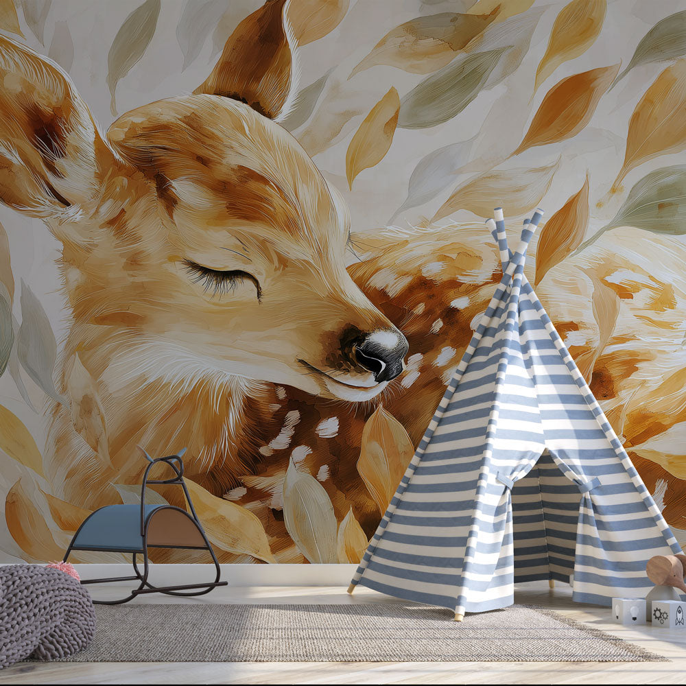 Fawn Wallpaper | Hand-Painted Deer Among Warm Colored Leaves
