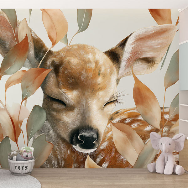 Fawn Wallpaper | Sleeping Deer Framed by Pastel Foliage
