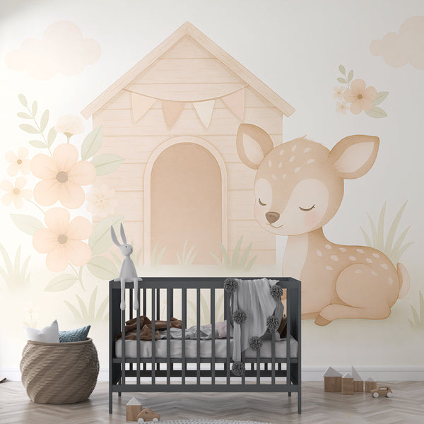 Fawn Wallpaper | Gentle Deer Beside a Little Wooden House