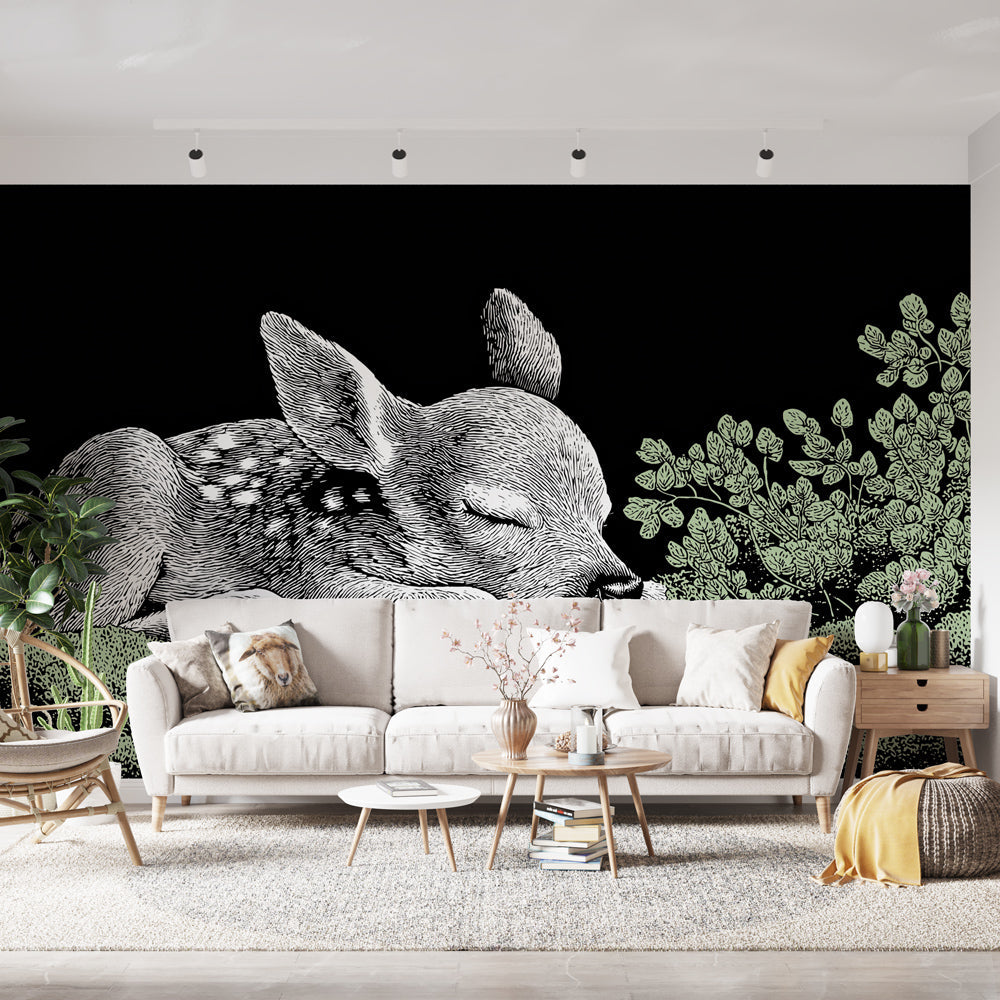 Fawn Wallpaper | Sleeping Deer on Green Moss and Black