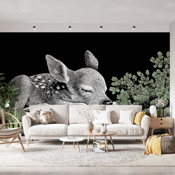 Fawn Wallpaper | Sleeping Deer on Green Moss and Black